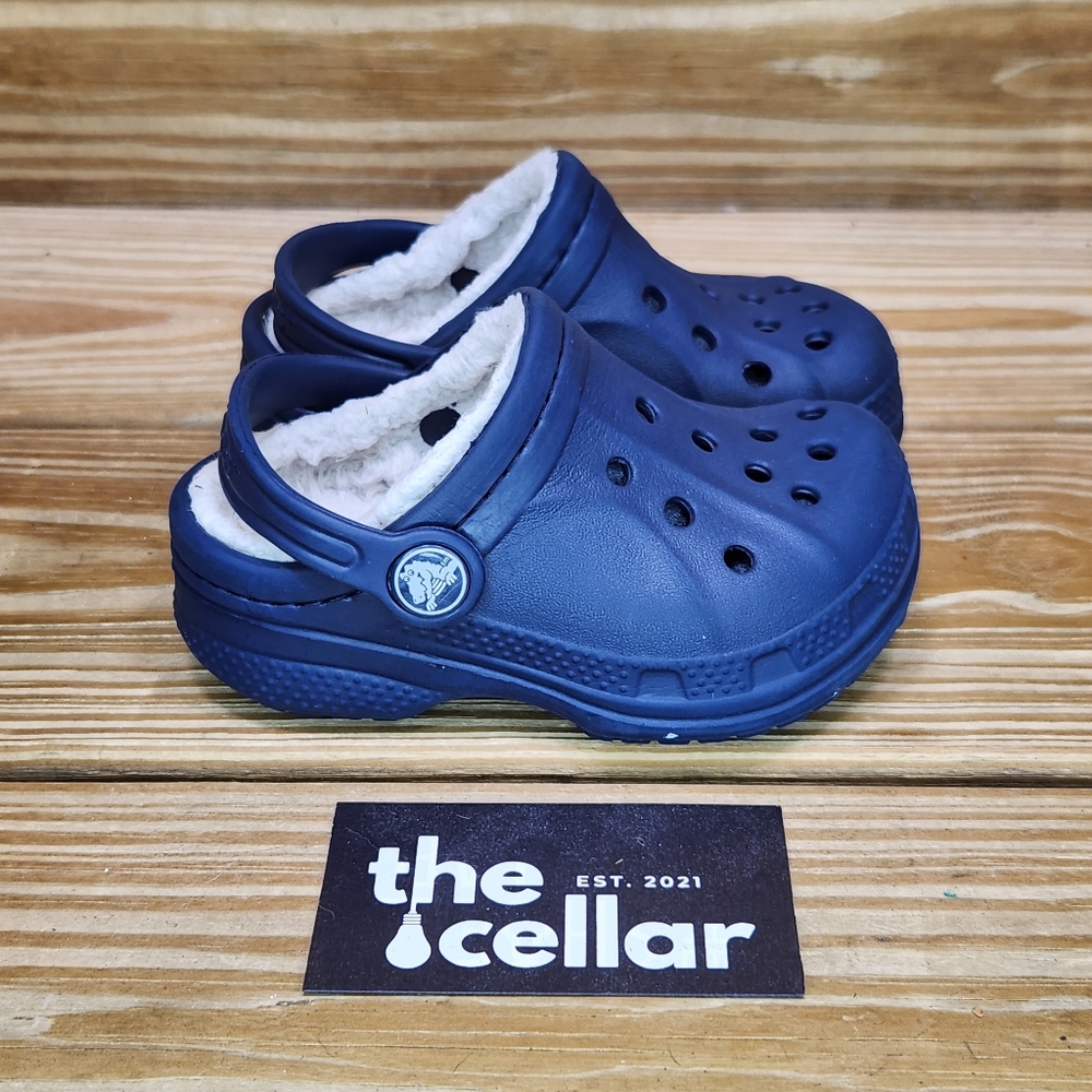 Crocs Baby/Toddler 6/7 Fleece Lined Clogs Slip On Navy Blue Classic Croc Shoes